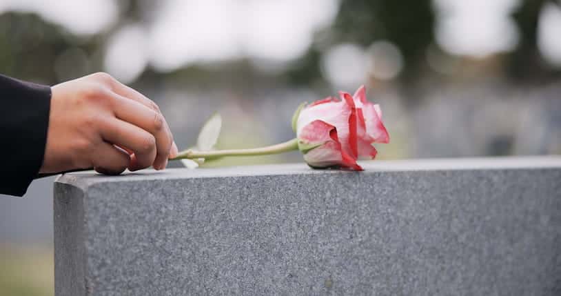 A hand placing a rose on top of a grave.