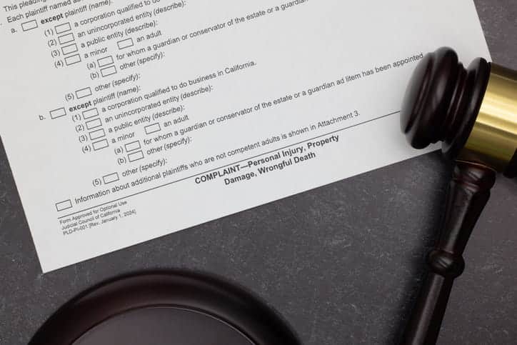A paper that reads: "Complaint—Personal injury, Property Damage, Wrongful death" next to a gavel.