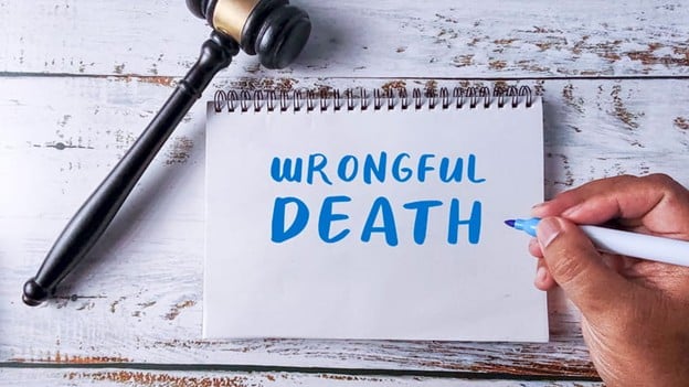 A gavel next to a piece of paper that reads: "Wrongful Death."